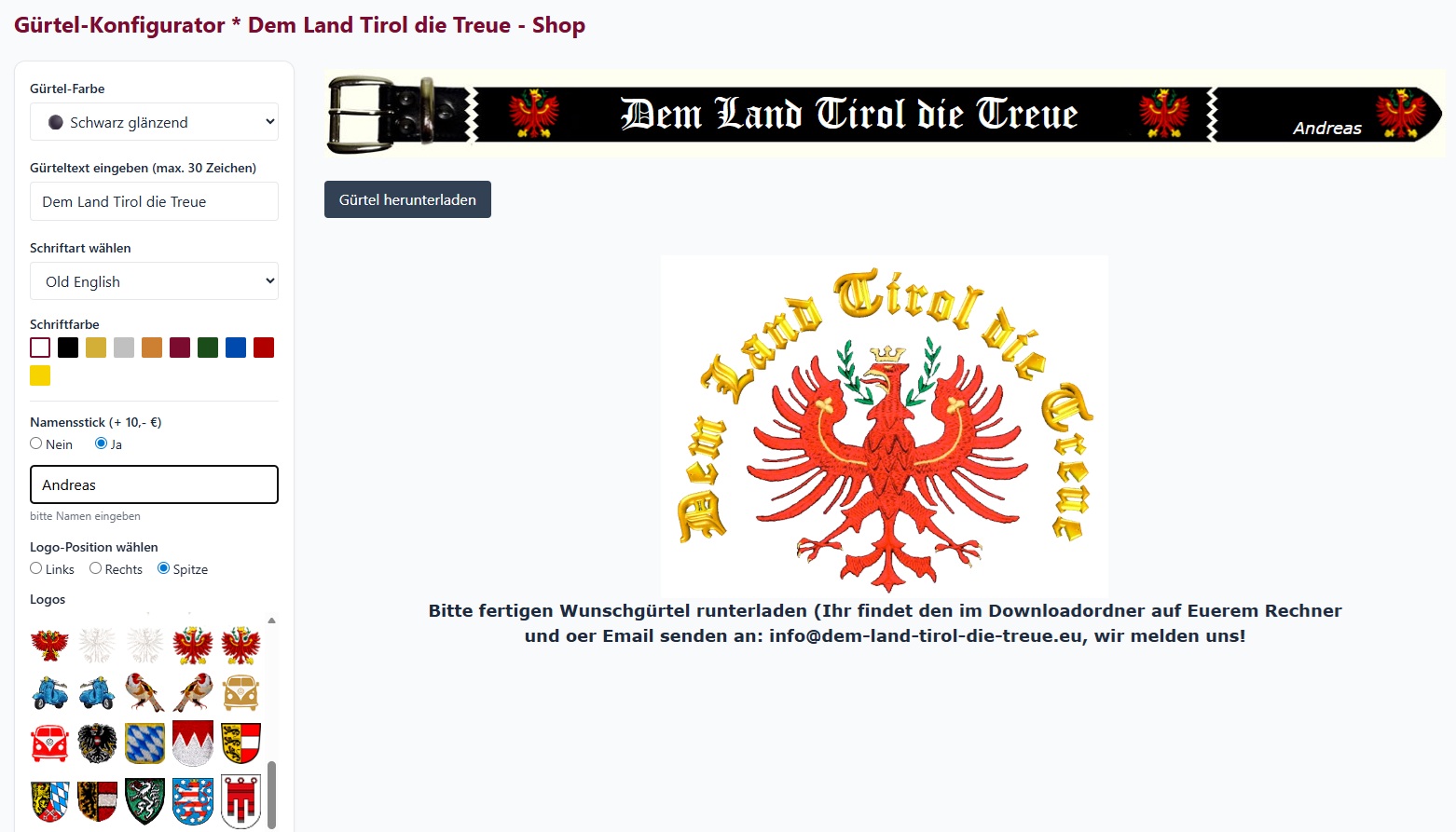 G&uuml;rtelkonfigurator bei Dem Land Tirol die Treue - Shop